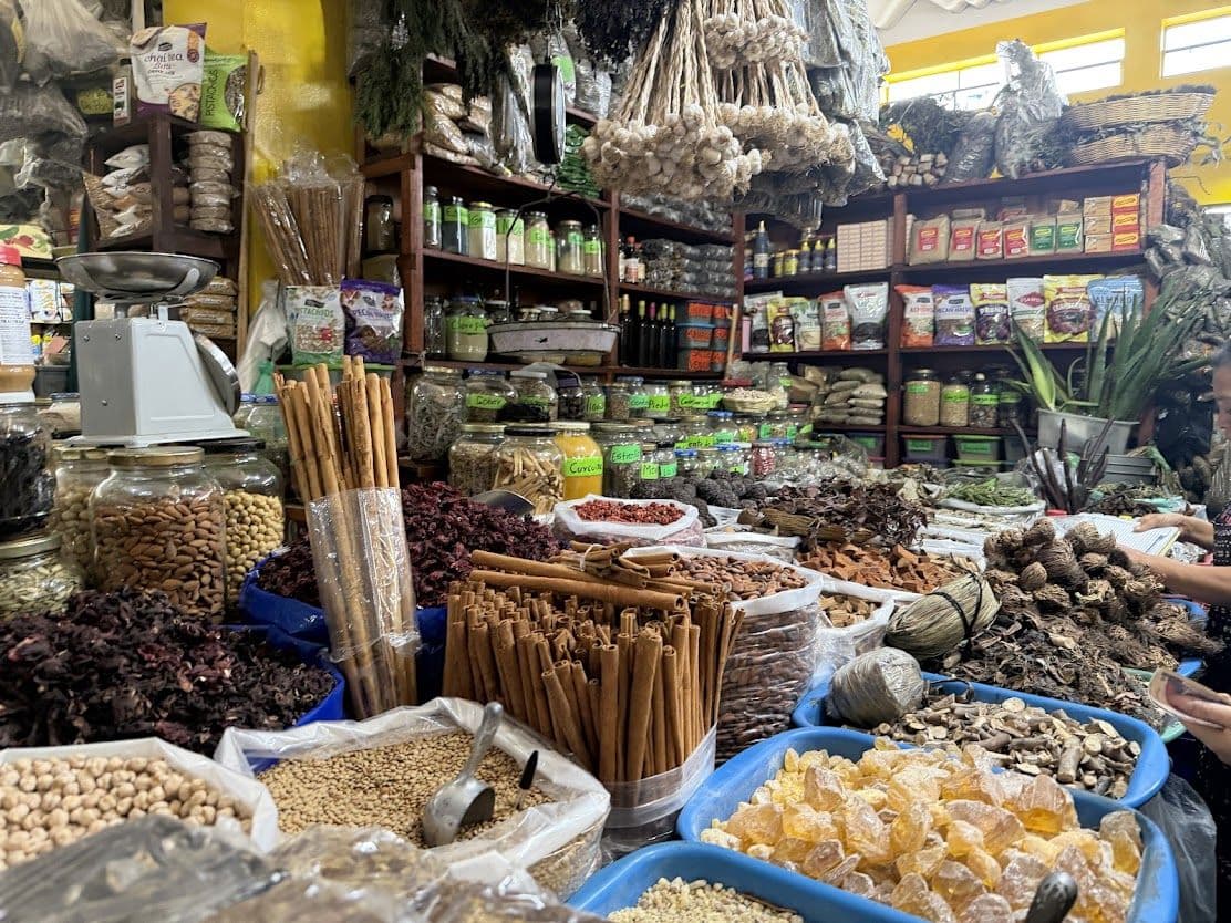 A spice and dried-goods stall in Antigua's market