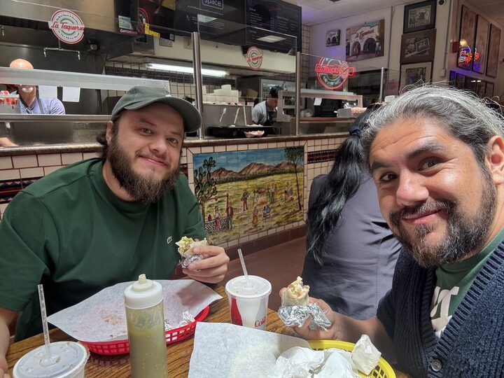 Aldo and Cvander sharing a meal at La Taqueria.